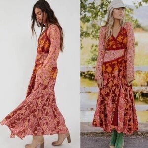 Free People XS Tilda Wrap Maxi Dress in Burgundy, Pink and Orange Floral